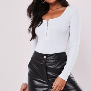 Missguided White Zip Front Long Sleeve Bodysuit